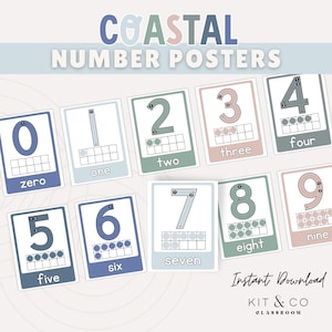 Puede incluir: Un conjunto de diez "Coastal Number Posters" con los números del 0 al 9 en una paleta de colores suaves. Cada tarjeta muestra un número, su forma escrita y una representación de diez marcos. El diseño incluye el texto "Descarga instantánea" y el logotipo "KIT & CO CLASSROOM".
