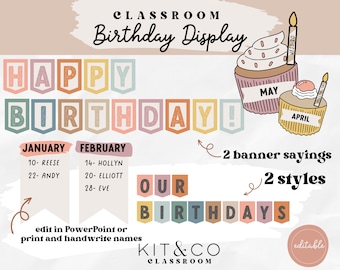 Neutral Boho Classroom Birthday Display: Printable Banners (PDF & PowerPoint)