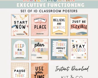 Executive Functioning Skills Classroom Decor Posters - Set of 10 - Motivational Sayings for Kids- Muted Colors