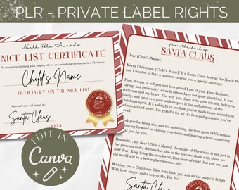 PLR Letter from Santa and Nice List Certificate - Editable Canva Template - Instant Digital Download, Resell Product, Private Label Rights
