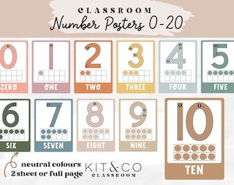 Number Posters Classroom 0-20, Class Posters, Education Flash cards, Homeschool, Neutral Boho Modern Classroom Decor, School Printable