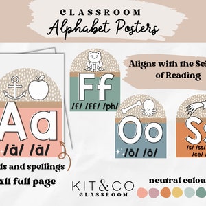 Alphabet Posters Classroom A-Z, Class Posters, Homeschool, Neutral Boho Modern Classroom Decor, School Printable, Science of Reading