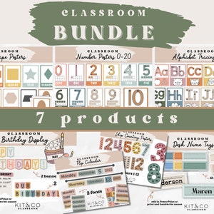 Classroom Decor Bundle, School Resources, Modern Boho Neutral, Posters, Numbers, Alphabet, Calendar, Shapes, Skip Counting, Birthday Display
