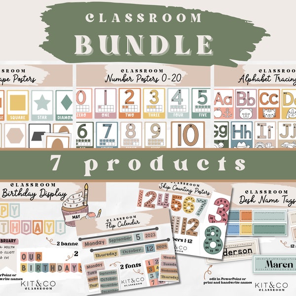 Classroom Decor Bundle, School Resources, Modern Boho Neutral, Posters, Numbers, Alphabet, Calendar, Shapes, Skip Counting, Birthday Display