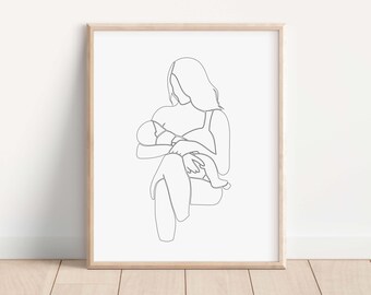 Mère allaitante, Mère, Art au trait, Art mural numérique, Art de la crèche, Grossesse, Naissance Noir et blanc