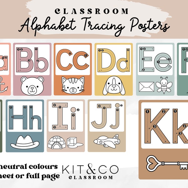 Alphabet Posters Tracing A-Z, Class Posters, Education Flash cards, Homeschool, Neutral Modern Classroom Decor, School Printable