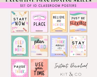 Executive Functioning Skills Classroom Posters - Set of 10 - Motivational Sayings for Kids
