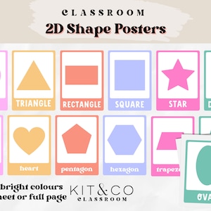 Shape Posters Classroom 2D Shapes, Class Posters, Education Flash cards, Homeschool, Bright Boho Modern Classroom Decor, School Printable