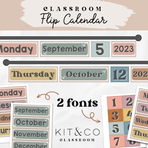 Flip Kalender Klassenzimmer, Pinnwand, Klassenzimmer Organisation, Neutral Boho Modern Klassenzimmer Dekor, Schule Printable