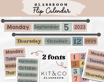 Flip Calendar Classroom, Bulletin Board, Classroom Organization, Neutral Boho Modern Classroom Decor, School Printable