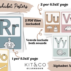May include: Alphabet posters featuring letters A-Z, with illustrations and tracing guides. The posters include the text "Alphabet Posters", "2 PDF files included", "Vowels include both sounds", and "Alphabet A-Z". Each page is 8.5x11 inches.
