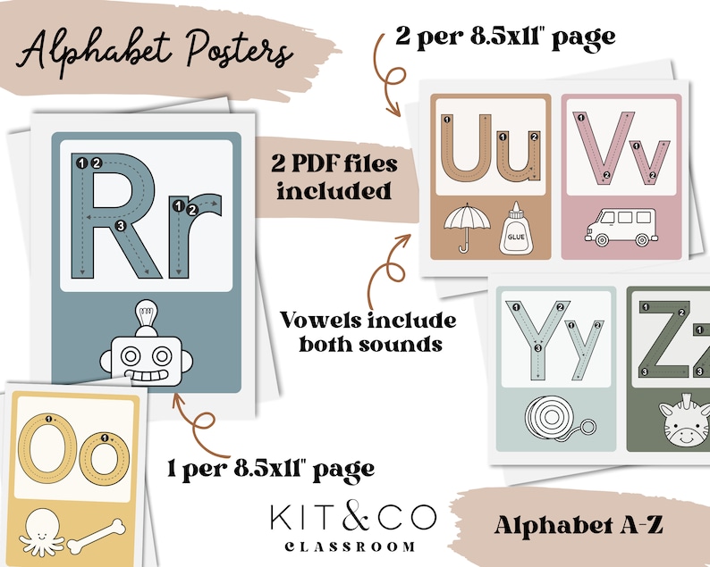 May include: Alphabet posters featuring letters A-Z, with illustrations and tracing guides. The posters include the text "Alphabet Posters", "2 PDF files included", "Vowels include both sounds", and "Alphabet A-Z". Each page is 8.5x11 inches.