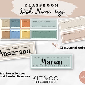 Desk Name Tag Neutral Colours, Classroom, Neutral Boho Modern Classroom Decor, School Printables, Class resources, Editable Desk Plate