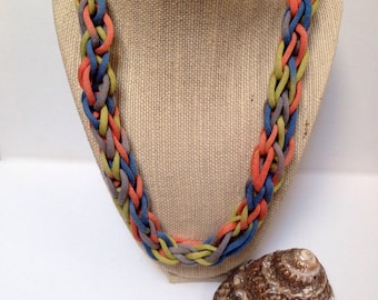 Going coastal -  finger crocheted necklace in soft blue, sage & coral, ultra light weight