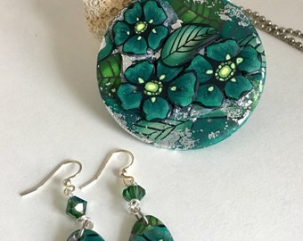 Teal boho pendant and earrings