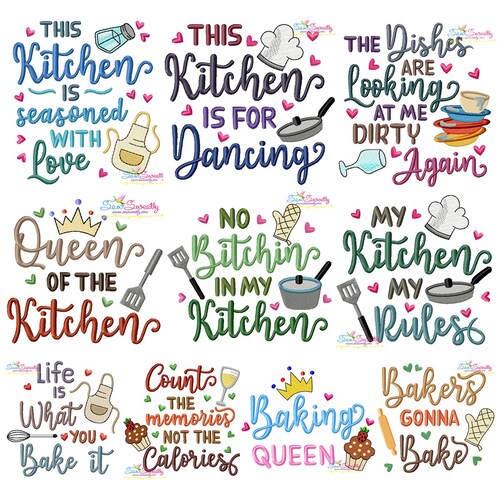 Kitchen and Baking Lettering Embroidery Design Bundle Etsy