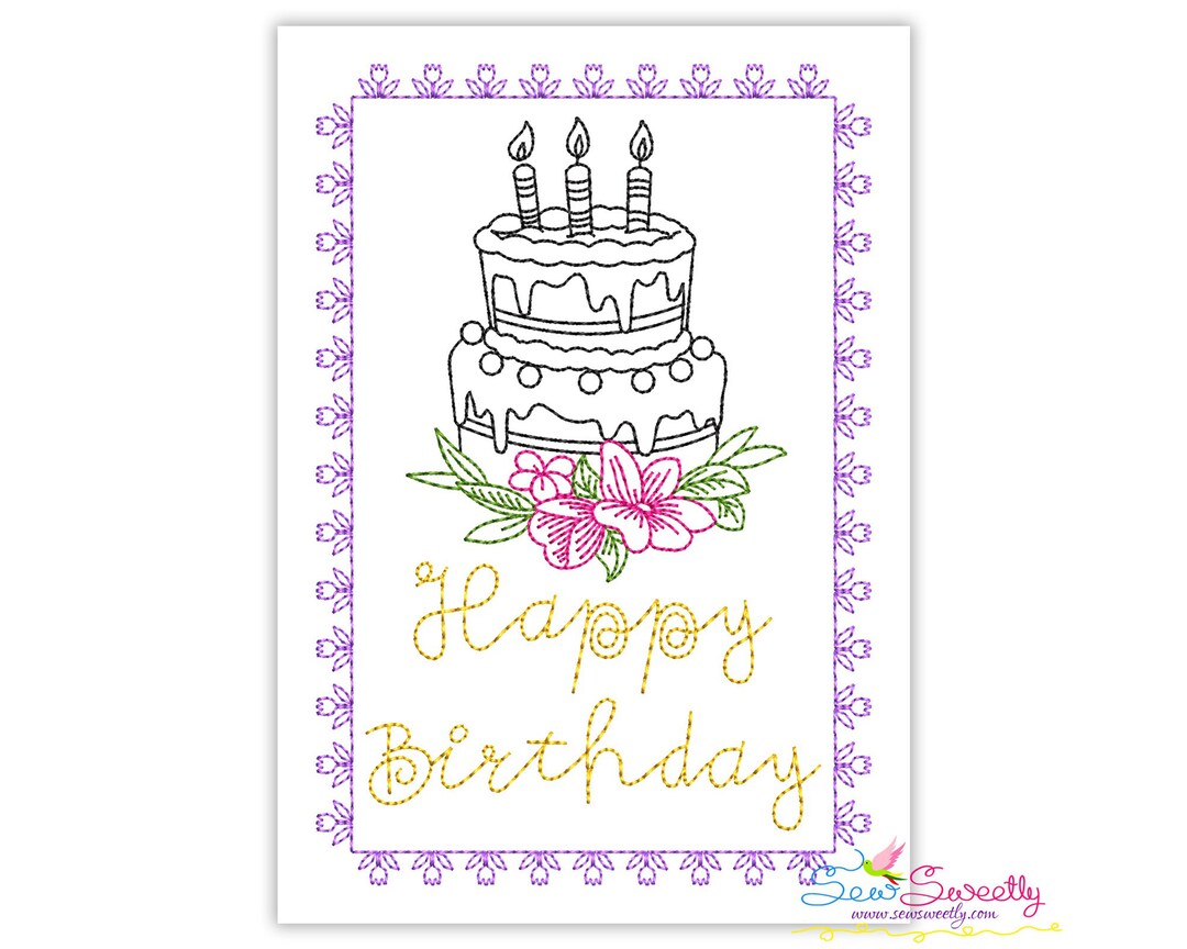 Cardstock Embroidery Design Floral Birthday Cake Greeting Card Etsy