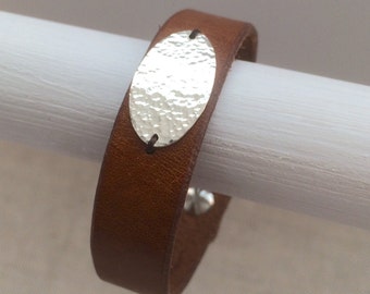 Handmade fine silver recycled leather bracelet