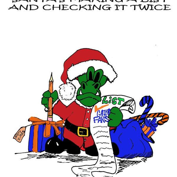 Gator Santa Making A List Greeting Card | Gator Greeting Cards | Florida Gator Original Greeting Cards | Gator Gifts