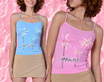 Deadstock Paradise Palm Tree SEQUIN Seamless Deadstock Tank! Pink or Blue