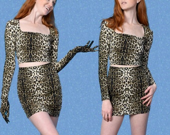 Deadstock Y2K Leopard Print - Square Neck Long Sleeve Crop Top OR Mini Skirt