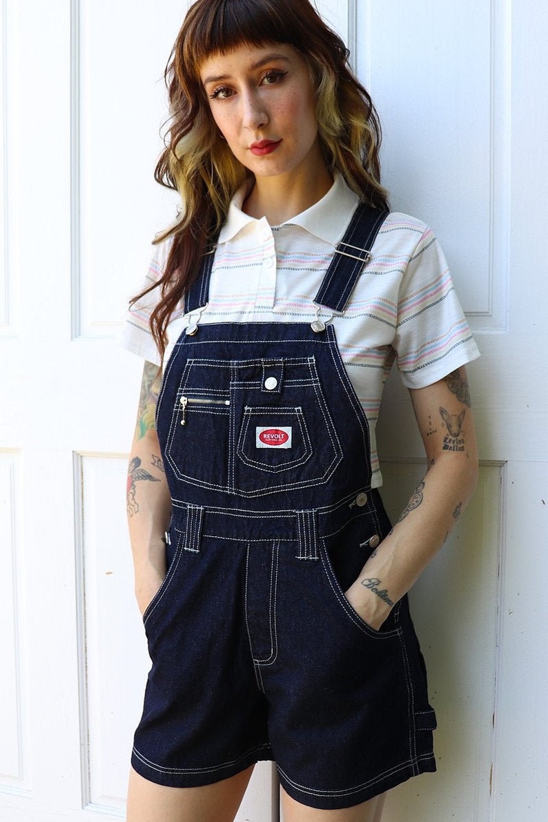 90s Deadstock Raw Denim Overall Shorts CONTRAST STITCH Free US Shipping image 4