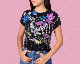 Popcorn Short Sleeve Blouse! Vintage/Deadstock - Black/Fuschia/Blue