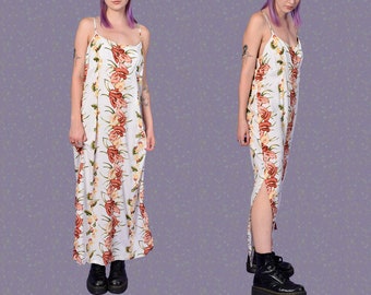 90s Vintage Maxi Dress: Tropical Flower Print, Aloha Hawaii, Spaghetti Straps