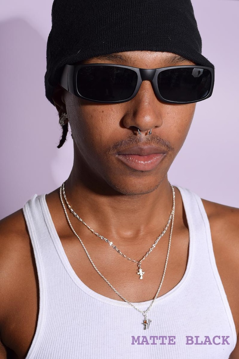 Gafas de sol rectangulares negras con patillas anchas de los años 90 de Deadstock imagen 3