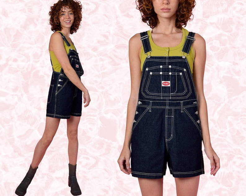 90s Deadstock Raw Denim Overall Shorts CONTRAST STITCH Free US Shipping image 1