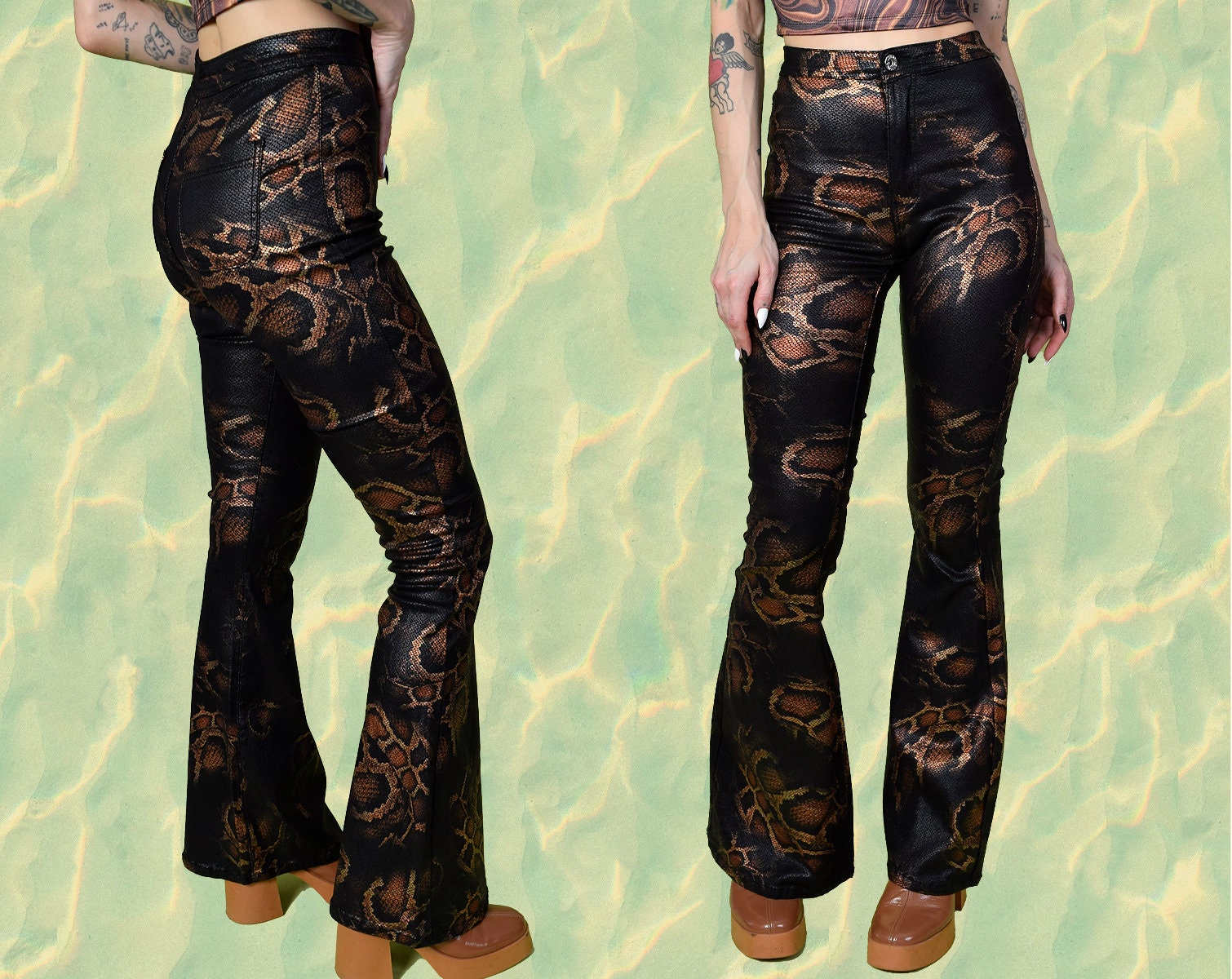 パンツ vintage python design western flarepants Python Leather Flared Pants, Snakeskin Pants, Black Leather