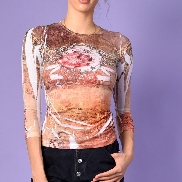 Y2K Deadstock Rhinestone Slim Fit Long Sleeve Top - Floral / Wild West Style