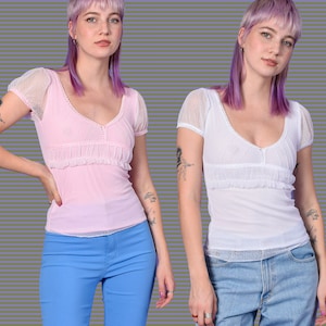 Y2K DEADSTOCK Delicate Girly Lace Ruffle Cap Sleeve Tops - Pink, White, Beige