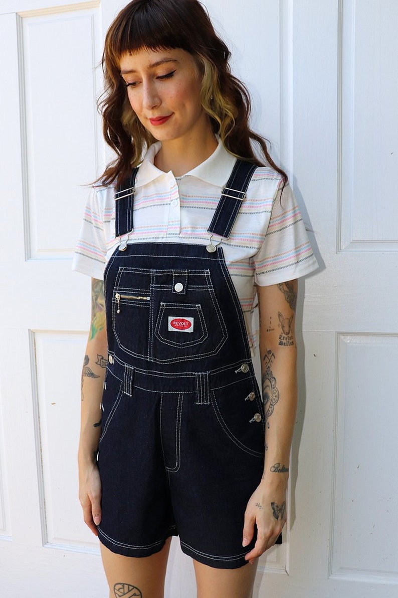 90s Deadstock Raw Denim Overall Shorts CONTRAST STITCH Free US Shipping image 5