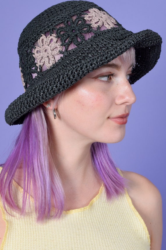 90s Deadstock Flower Straw Crochet Bucket Hat - Fl