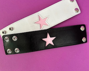 Deadstock Y2k *RoCkEr* Star Leather Wrist Cuff Bracelets - Black/Pink or White/Pink!