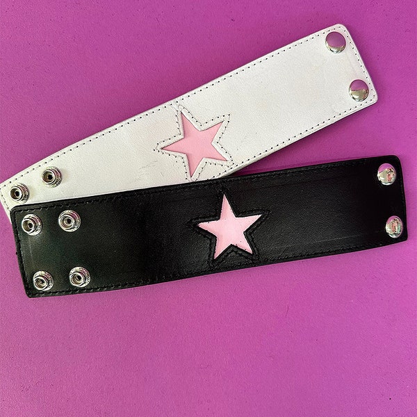 Deadstock Y2k *RoCkEr* Star Leather Wrist Cuff Bracelets - Black/Pink or White/Pink!