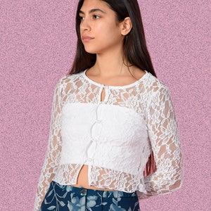 White Sheer Lace Button Front Cardigan - Deadstock Fabric, Handmade