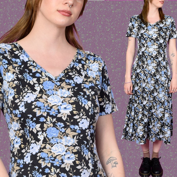 90s Vintage Maxi Dress: Navy/Blue/ Floral V Neck by No Boundaries