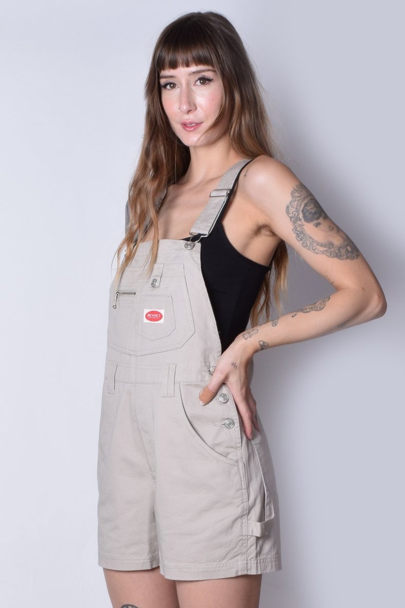 90s Deadstock Denim Overall Shorts KHAKI / TAN Free US Shipping image 3