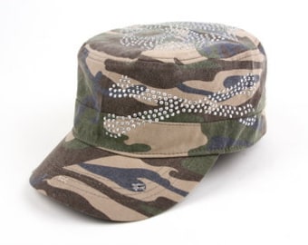 Camo Military Cadet Hat - Skull + Crossbones Rhinestones - Y2K Deadstock