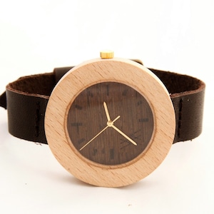 Beech & Wenge Wood Skinny Wooden Watch with Swiss Movement Unisex Eco Recycled Leather Band Strap 18mm image 1