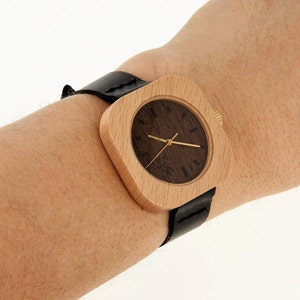 Beech & Wenge Wood Skinny Wooden Watch with Swiss Movement Unisex Eco Recycled Leather Band Strap 18mm image 4