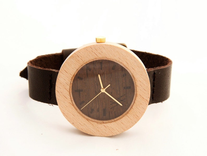 Beech & Wenge Wood Skinny Wooden Watch with Swiss Movement Unisex Eco Recycled Leather Band Strap 18mm image 1