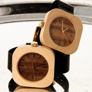 Beech & Wenge Wood Skinny Wooden Watch with Swiss Movement Unisex Eco Recycled Leather Band Strap 18mm image 5