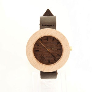 Beech & Wenge Wood Skinny Wooden Watch with Swiss Movement Unisex Eco Recycled Leather Band Strap 18mm image 2