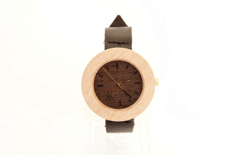 Beech & Wenge Wood Skinny Wooden Watch with Swiss Movement Unisex Eco Recycled Leather Band Strap 18mm image 2