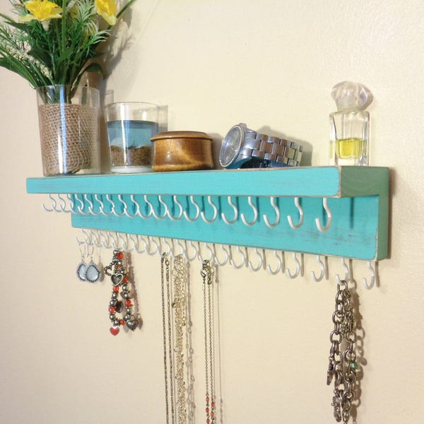 Jewelry Organizer - Necklace Holder - Jewelry Storage - Many Other Color / Finishes Available - 29 or 39 Hooks -  Top Shelf - Ready To Hang