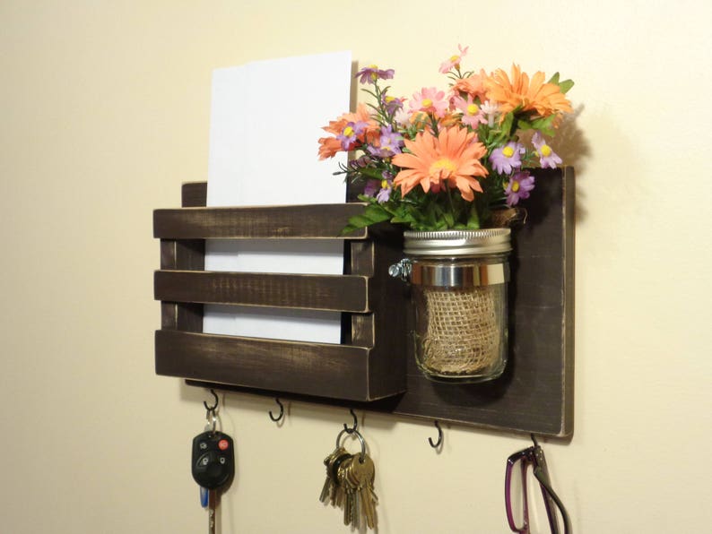 Mail Box Key Holder Organizer Wall Mounted 5 Hooks Mason Jar Distressed Espresso Other Colors Too Ready To Hang