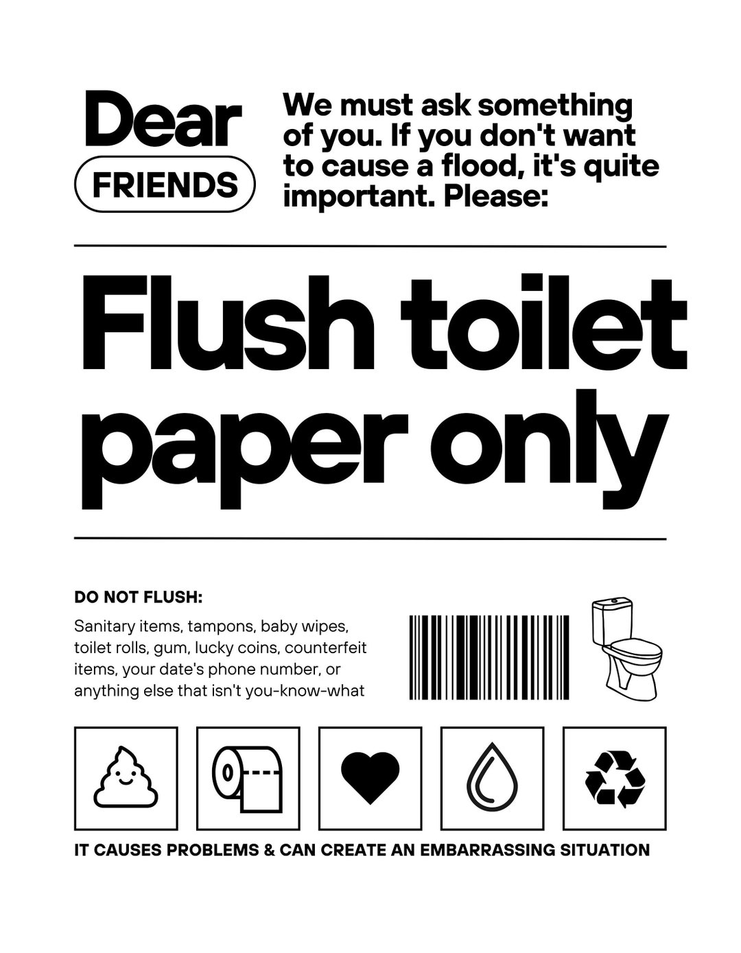 Flush Toilet Paper Only Restroom Sign Downloadable Etsy
